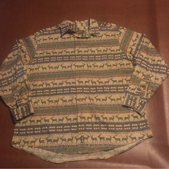 Vtg Woolrich Deer Print Button Up Shirt Tan XL - Picture 2 of 7
